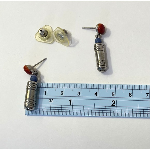 Vintage Beaded Silver Tone Stud Earrings Dangle Engraved Barrel Artsy Unique - Picture 4 of 7